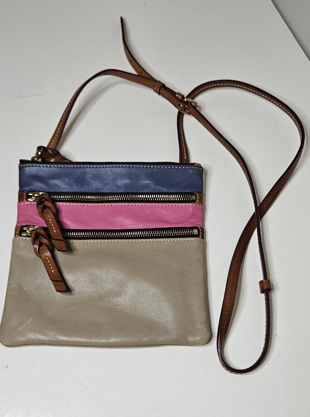 Dooney & Bourke multicolor triple-zip leather crossbody bag gray, pink, blue